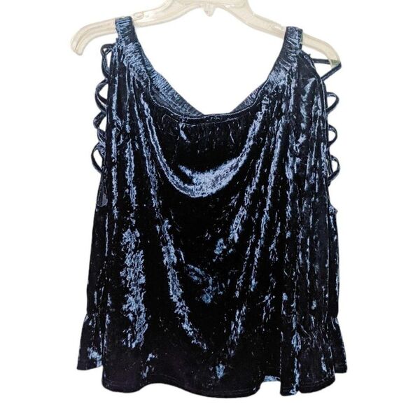 Womens Entro Blue Velvet Ladder Sleeve Off The Shoulder Top Sz M - Picture 2 of 11